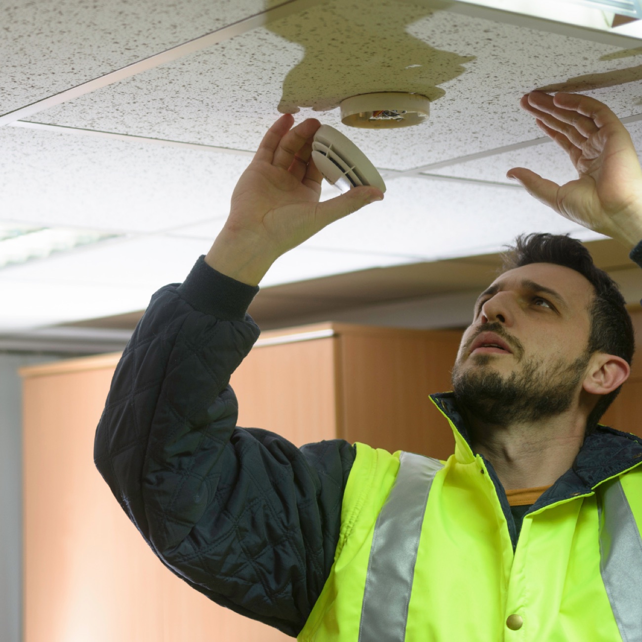 Licensed Tasman Electrical technician in hi-vis checking a smoke alarm on a ceiling in a Brisbane property